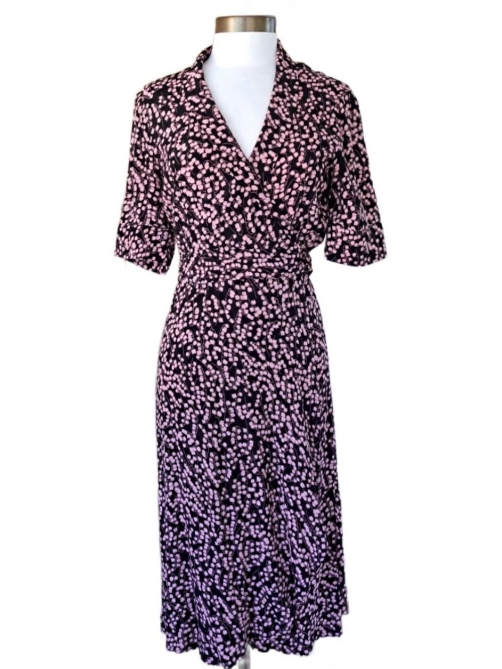 GANNI Dress Ditsy Floral Black Pink Crepe Wrap Side Tie V Neck Sz EU 40 US 8/10